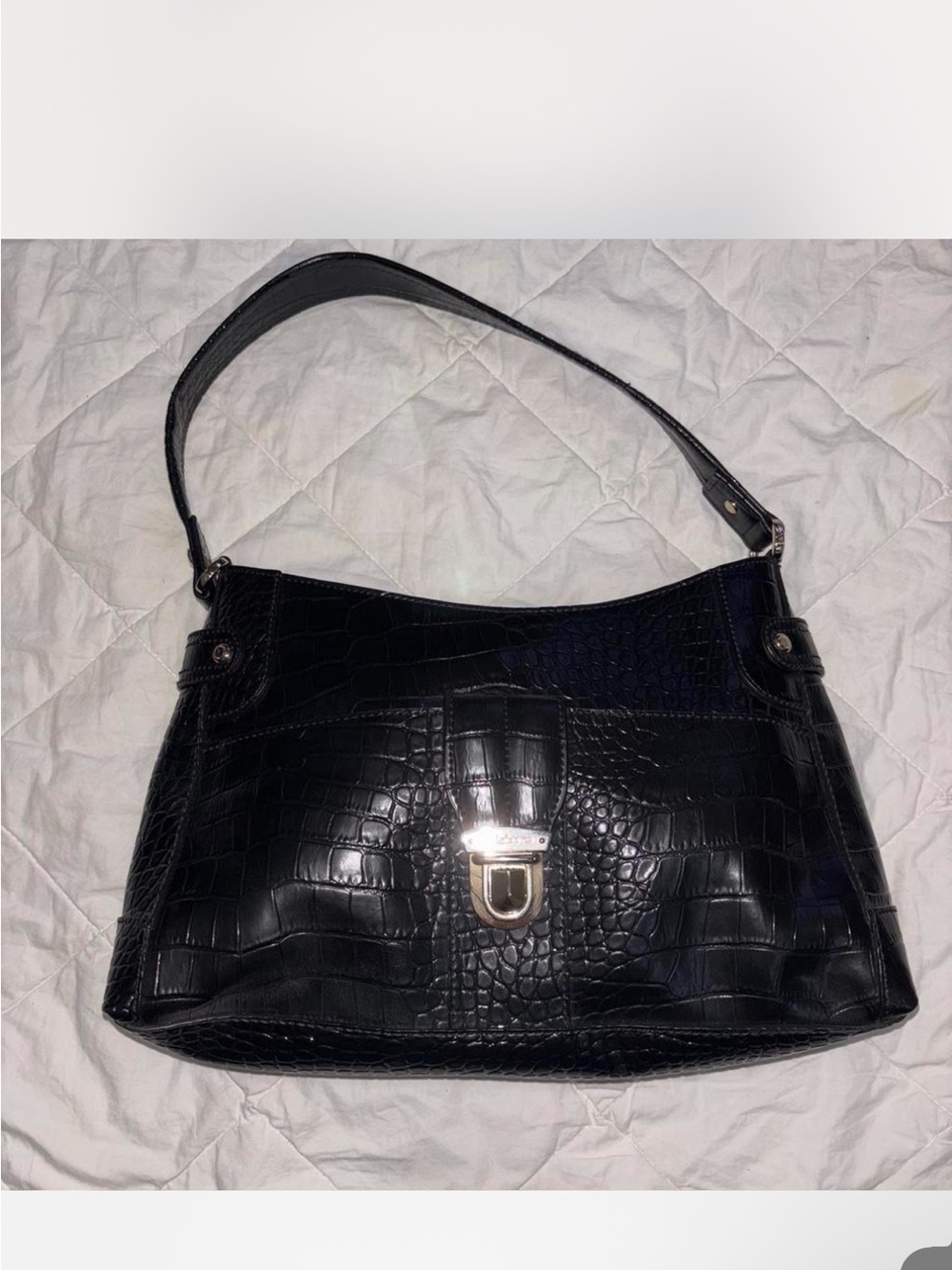 Liz Claiborne Black Croc-Embossed Shoulder Bag with Silver-Tone Hardware